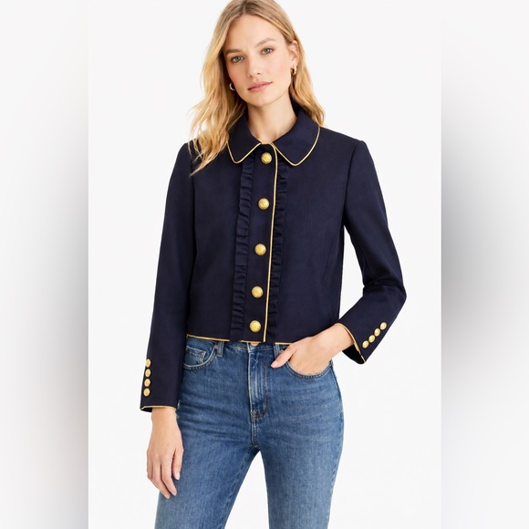J. Crew Jackets & Blazers - $198 J.Crew Navy Blazer Jacket Gold Crest Buttons Ruffle Front Wool Blend Size 6